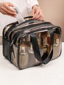 1pc Transparent PVC Cosmetic Bag, Travel Makeup Pouch, Brush Holder, Toiletry Bag, Handheld Wash Bag, Cosmetic Storage Bag, Beach Bag, Travel Essential - Brown - View 7