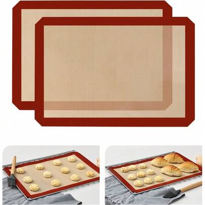Bộ 2 tấm lót nướng silicon tái sử dụng, chống dính, dùng để cán bột và lót khuôn nướng, giúp phân bố nhiệt đều cho bánh quy, bánh macaron và bánh mì, phù hợp cho cả gia đình và làm bánh chuyên nghiệp.