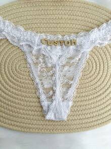 Personalized Custom Name Lace Thong G-String, Bold And Sexy Low Waist See Through Underwear With Boyfriend Or Husband's Name, G-String, Tanga, DIY Sparkling Crystal English Letter Name Underwear, Couple Gift, Bachelor Party Gift, Wedding Custom Gift, Ideal Gift For Lover, Wife, Girlfriend, Friend's Birthday/Valentine's Day/Anniversary/Holiday/Honeymoon/Vacation/Bedroom - trắng - Xem 2