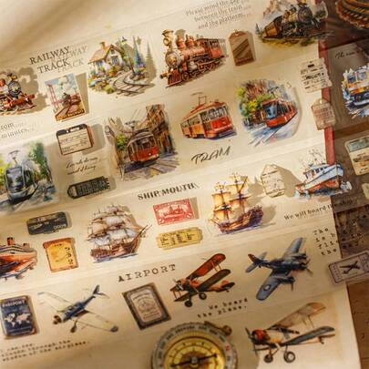 1 Cuộn băng keo PET cắt sẵn, Bộ sưu tập du lịch cổ điển với hình minh họa vẽ tay, phong cách tranh phong cảnh thiên nhiên, sổ phác thảo giao thông retro, băng keo PET trong suốt tự dính, thích hợp cho sổ tay, sổ kế hoạch, album ảnh, nhật ký du lịch, nhãn dán DIY, văn phòng phẩm thiết yếu cho năm học mới.