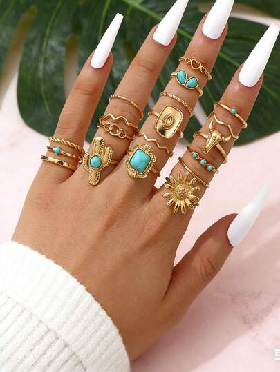 19 Pieces Of Retro Western Cowboy Style Rings, Imitation Turquoise, Cow Head, Cowboy Hat, Cactus, Immortal Flower, Hollow Love Multi-Element Geometric Women's Ring Set, Suitable For Mother's Day, Easter, Daily Wear And Gift Giving