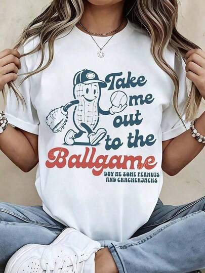 Camiseta Llévame al Partido de Béisbol para Fanáticos del Béisbol con Gráfico de Peanut Man y Letras de Canciones Clásicas para Mujeres, Hombres y Uso Casual Unisex