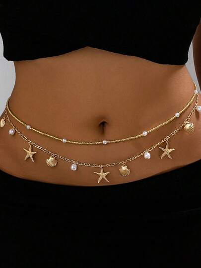 1 Set mit 2 Bohemian-Stil Ozean-Serie Muschel & Seestern Perlen Gürtel für Frauen