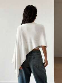 Mejors 新款春夏女士不对称披肩纯色 Y2K 风格蝙蝠袖针织短款上衣，轻薄斗篷式毛衣透视衬衫，适合海滩、派对、夏秋季穿着，白色 - 白色 - 查看 7