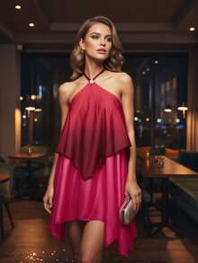 Women's Gradient Halter Mini Dress, Layered Ruffle Hem Dress For Summer Club Nights  Party Outings - 玫紅色 - 查看 2