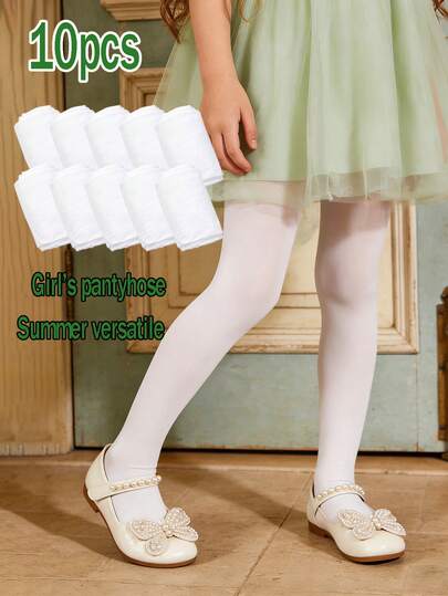 5/10pcs Pack Girls White Tights, Minimalist Breathable Thin Stirrup Leggings For Spring/Summer, Suitable For Dance, Fits Ages 0-3 Years, 4-7 Years, 8-12 Years