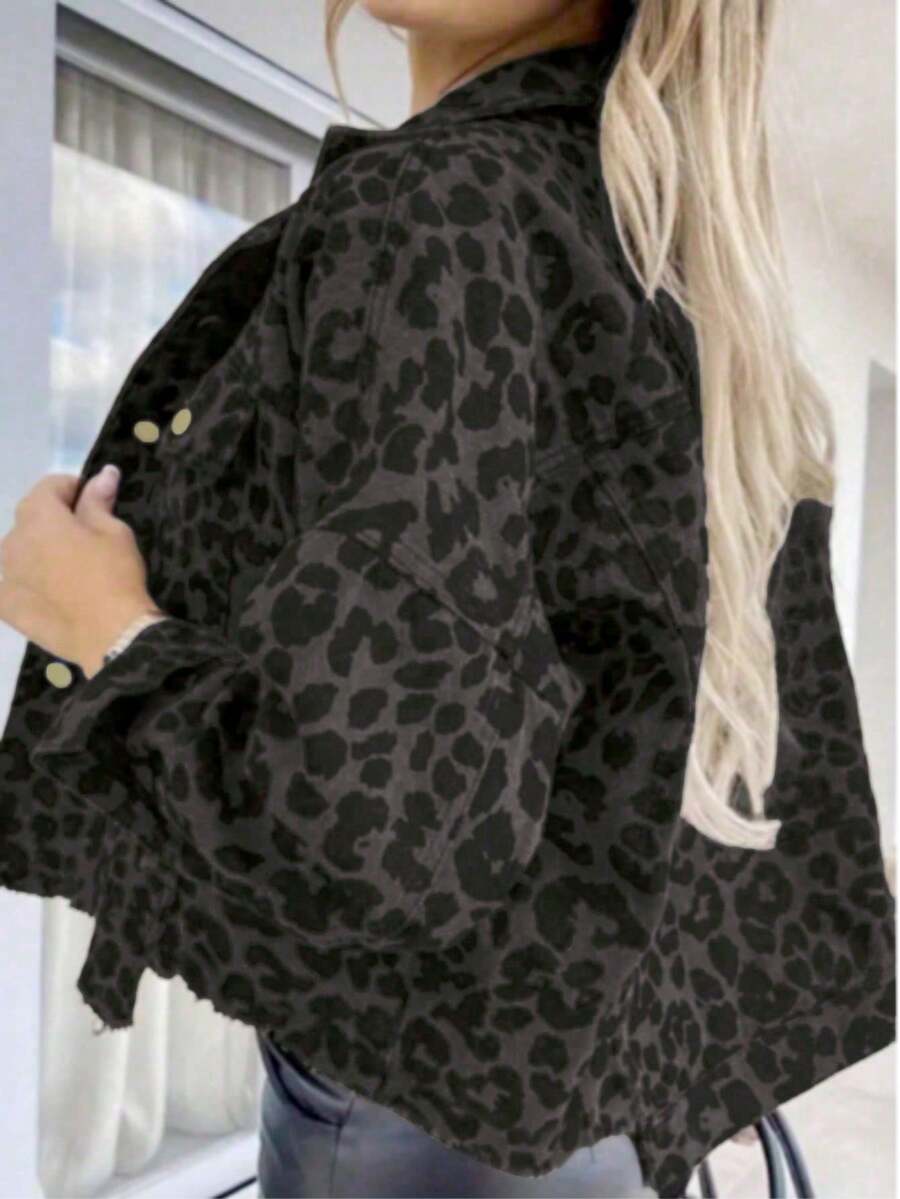 女士豹纹落肩长袖单排扣休闲牛仔外套 春季款 - 灰色 - 查看 1