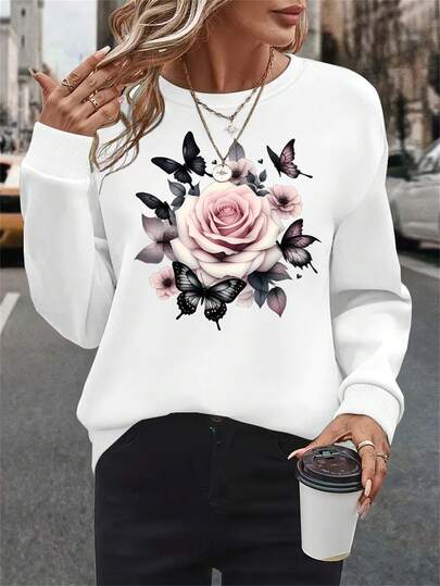 1PCS Plus Size, Targeted: Oversized Comfortable Butterfly And Floral Print, Soft Casual Long-Sleeve Crewneck Sweatshirt, Comfortable Women's Plus-Size Daily Wear Apparel2026-  Women, Maija, Spring, Y2k