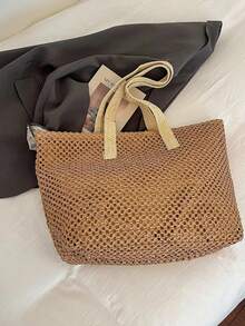 Summer Straw Beach Bag, Large Capacity Tote Bag, Grocery Basket, Handbag, Vacation Style, Simple & Versatile, Multi-Pocket Design, Suitable For Dresses, Shopping, Travel, Storage, Wicker Bag - Khaki - View 8