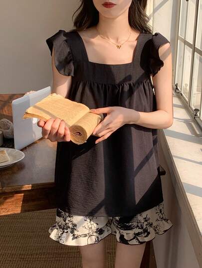New Square Neck Casual Spring/Summer Loose Tank Top And Shorts Pajama Set, Solid Color Top + Ink Painting Print Shorts Showcasing Fashion, Comfortable Sleepwear 2 Piece Set, Loungewear