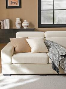 1件纯色毛绒沙发套，弹性包覆式设计，保暖舒适，简约ins风，宠物友好，防滑防污，弹力可拉伸，可机洗，适用于客厅、卧室、书房，单人、双人、三人、四人沙发（带扶手和靠背），四季皆宜。 - 米色 - 查看 7