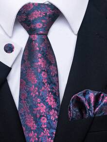 1 Set de corbata, pañuelo de bolsillo y gemelos de 3 piezas con estampado floral para hombres, adecuado para accesorios formales de novio en bodas y atuendo de negocios - colores mezclados - Ver 2