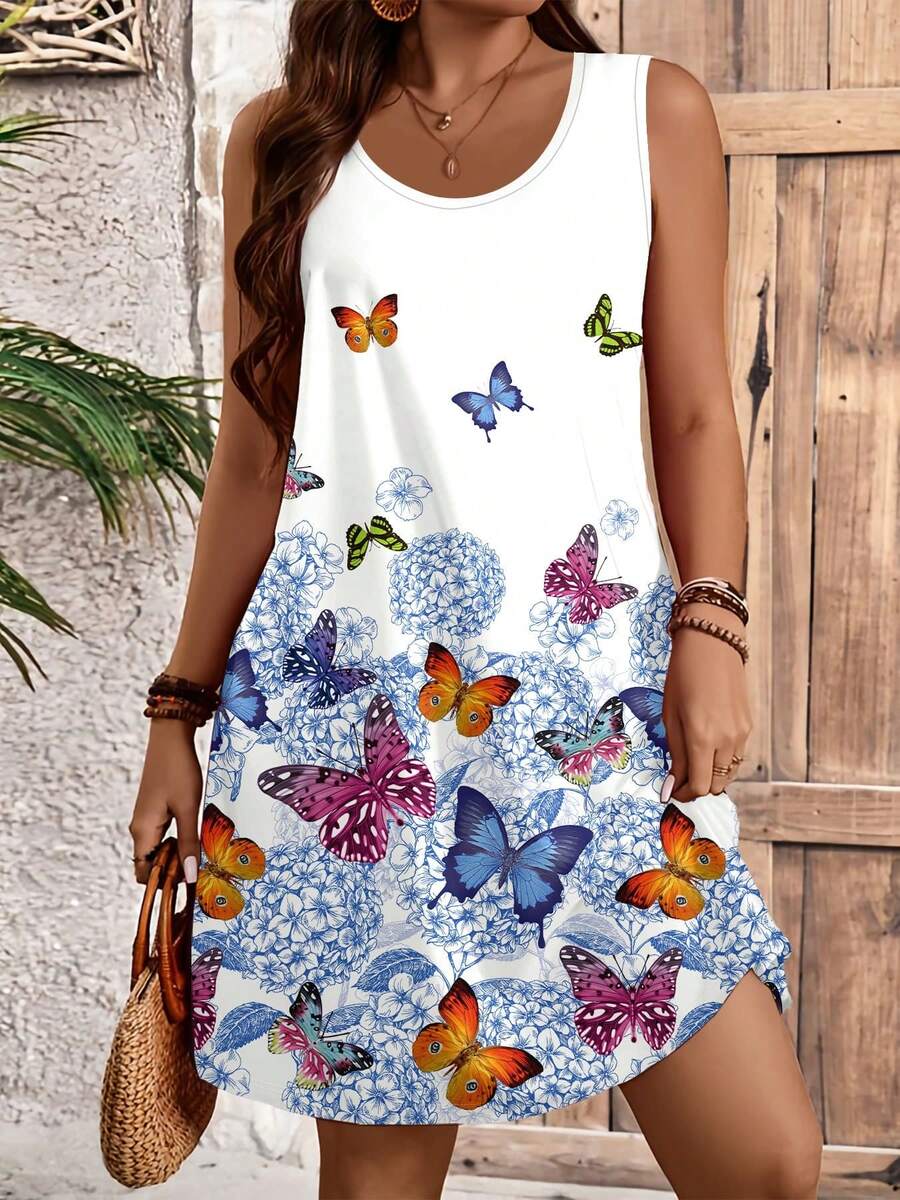Women's Tank Dress, White Background & Colorful Butterfly Floral Print, Stretchy Knit Fabric, Machine-Washable & Quick-Dry, Casual Vacation Dress, Suitable For Daily Outings / Pastoral Vacation - 彩色 - 查看 1