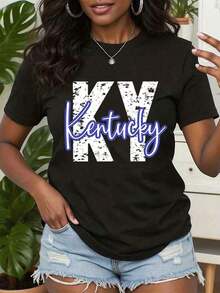 Women T Shirt Ky Kentucky Print Graphic Round Neck Casual Summer Top Gift 220g - 彩色 - 查看 1
