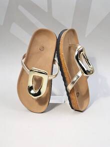 1 Pair Girls' Soft Cork Bed Flip Flops, Non-Slip Wear-Resistant Beach Sandals (Sole/Insole Color Random) - Gold - View 3