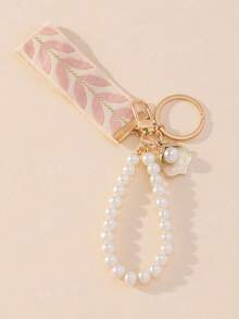 1PC Key Chains,Key Chain For Car Key,Keychain Wristlet,Key Chain Accessories,Teacher Appreciation Gifts,Graduation Gifts,Fashionable Faux Pearl Keychain With Woven Strap Stylish Accessory For Keys Bags And Gifts Ideal Faux Pearl Keyring For Women And Men Unique Design Durable And Lightweight Perfect For Daily Use - Baby Pink - View 3