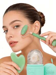 1/2/3pcs Set Ice Face Roller + Stainless Steel Gua Sha Board + Cloth Flannel Bag - Facial Skin Care Ice Roller Set, Facial Massage Tools, Silicone Ice Face Roller, Ice Roller, Stainless Steel Gua Sha Board, For Relieving Face And Eye Puffiness - Green - View 4