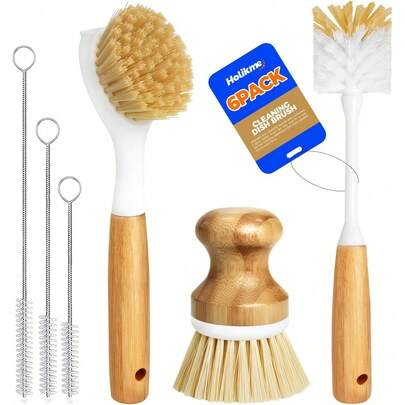 Holikme 6 Pack Dish Brush Kitchen Brushes Set With Vegetable Palm Brush, Bottle Brush, Dish Brush And Straw Brush, Fruit Cleaning Brushes For Cleaning Potato Skillet Wok Pot Pan Cast Iron, Yellow