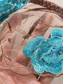 女士两件套蓝色花卉刺绣薄纱网眼钢圈文胸和丁字裤内衣套装 - 咖啡棕 - 查看 6