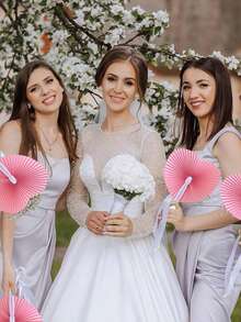 18/15/3pcs Pink Paper Hand Fan Set, Includes Pink Heart-Shaped Folding Fan, Floral Thank You Card, And Drawstring Bag, Suitable For Bridal Gifts, Bridesmaid Props, Wedding Ceremony Handheld Fans, Bachelorette Party Favors, Wedding Venue Decor, Wedding Check-In Gifts, Wedding Souvenirs, Pajama Party Gifts - Multicolor - View 5