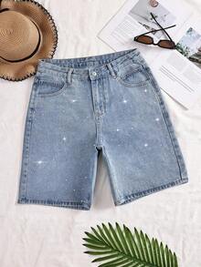 Women's Rhinestone Embellished Washed Straight Leg Denim Shorts - Light Wash - View 2
