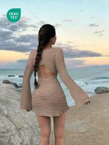 Women's Solid Color Sexy Hollow-Out See-Through Backless Long Sleeve Cover Up, Short Beach Dress, Spring/Summer Vacation - 卡其色 - 查看 3