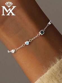 SYMFNY 1 chiếc vòng tay nữ bằng bạc sterling 925 tối giản và tươi mới, được khảm đá Cubic Zirconia tinh tế, kết hợp với hình trái tim lãng mạn và hình giọt nước hình học, thích hợp để đeo hàng ngày vào mùa hè. - Bạc - Xem 1