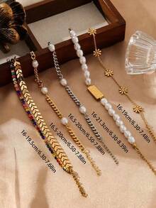 1条18K镀金不锈钢珍珠手链，时尚女式手链，适合派对、约会、办公场合佩戴 - 金黃色 - 查看 3