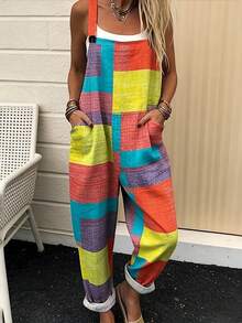 Colorful Square Patchwork All-Over Print Women's Adjustable Strap Jumpsuit, Polyester Fiber Fabric, Lightweight And Breathable, Women's Clothing, Standard Size Jumpsuit, Plus Size Women's Clothing, Plus Size Jumpsuit And Romper, Plus Size Jumpsuit - 彩色 - 查看 1