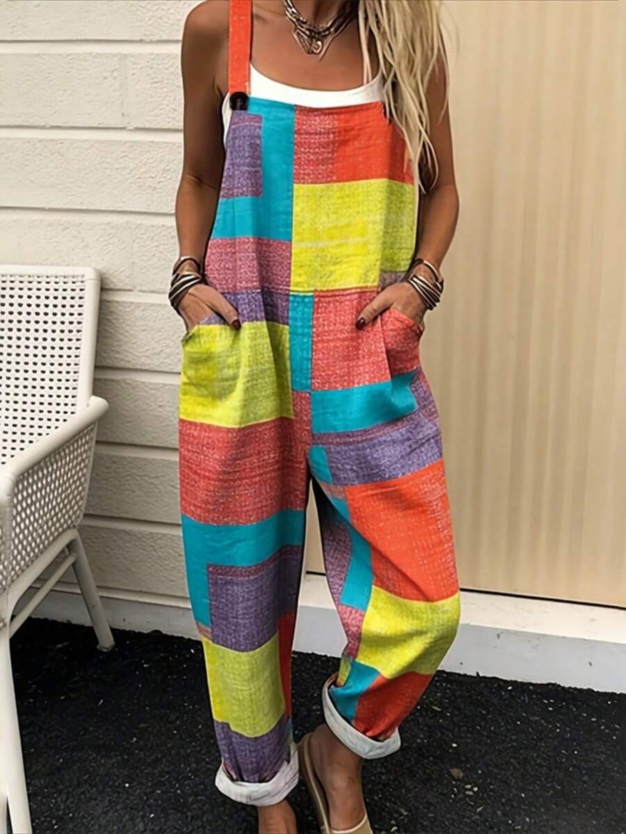 Colorful Square Patchwork All-Over Print Women's Adjustable Strap Jumpsuit, Polyester Fiber Fabric, Lightweight And Breathable, Women's Clothing, Standard Size Jumpsuit, Plus Size Women's Clothing, Plus Size Jumpsuit And Romper, Plus Size Jumpsuit - 彩色 - 查看 1