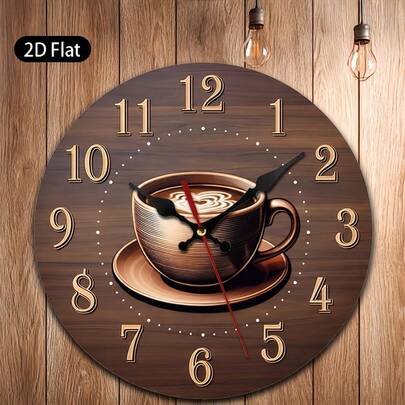 2D Design, 10inch Single Piece, Coffee Wall Clock, Coffee Cup With A Heart-Shaped Latte Art Pattern On A Wooden Background, Suitable For Kitchen, Cafe, Office, Living Room, And Restaurant Decoration,Holiday Decor,Wall Deocr,House Deocr,Home Essentials,Picks