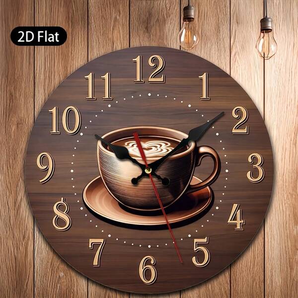 2D Design, 10inch Single Piece, Coffee Wall Clock, Coffee Cup With A Heart-Shaped Latte Art Pattern On A Wooden Background, Suitable For Kitchen, Cafe, Office, Living Room, And Restaurant Decoration,Holiday Decor,Wall Deocr,House Deocr,Home Essentials,Picks