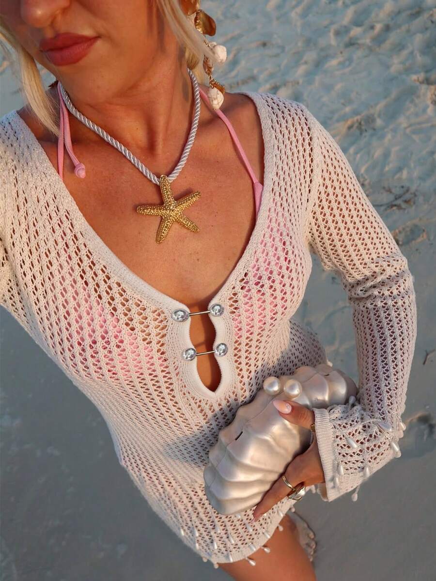 Vestido de verano nuevo con cuello en V SEREN, vestido casual y sexy para vacaciones con espalda descubierta, manga larga ajustada, calado, para vacaciones, festivales de música, vestido de playa, vestido bohemio blanco, vestido blanco mini - Blanco - Ver 1