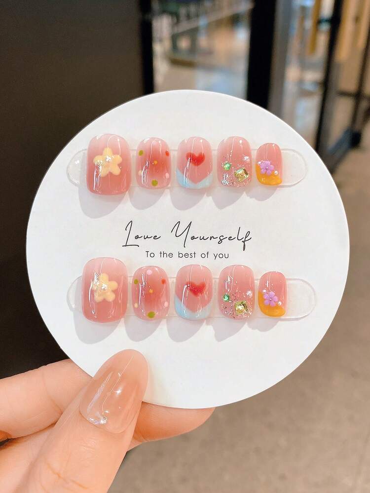 10 móng tay giả thủ công, móng dán, quà tặng Ngày Valentine, móng tay mùa xuân và mùa hè, móng tròn, móng mùa xuân, móng dán, móng dán ngắn, móng giả, móng ngắn, móng dán acrylic, móng dán thủ công, có thể tháo rời và tái sử dụng. - Nhiều màu - Xem 1