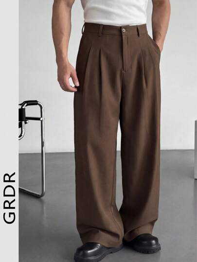  Pantalon décontracté à jambe droite avec coupe en biais de couleur unie GRDR, fermeture à bouton et à glissière, effet drapé amincissant pour les déplacements quotidiens