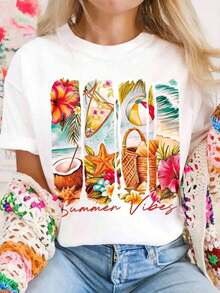 DEAR MOLLY Summer Beach Themed Print Round Neck Short Sleeve T-Shirt, Suitable For Parties, Gatherings And Various Occasions, All-Season, An Ideal Gift For Mom Casual Vacation White - 白色 - 查看 2