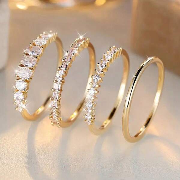 4pcs/Set Latest Brand Design Minimalist Fashionable Stackable 14K Gold Plated White Zirconia Ring Set, Romantic Bridal Engagement Wedding Ring Set, Promise Ring, Anniversary Party Ring, Luxury Christmas Mother's Day Jewelry Gift, Size 5-13