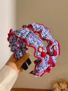 1件蓝白格子红色滚边荷叶边发箍，春夏校园风发饰，适合多种发型 - 彩色 - 查看 3