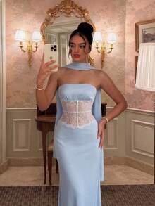 女士腰部拼接蕾丝吊带飘逸连衣裙，优雅复古宫廷风假日时尚夏季 - 藍色 - 查看 5