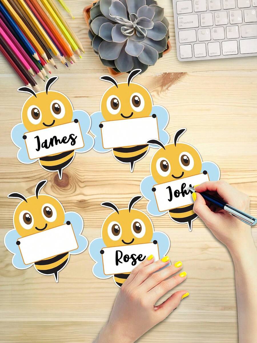 50pcs Cute Bee Name Tags With Durable Adhesive - Adorable Cartoon Bee ...