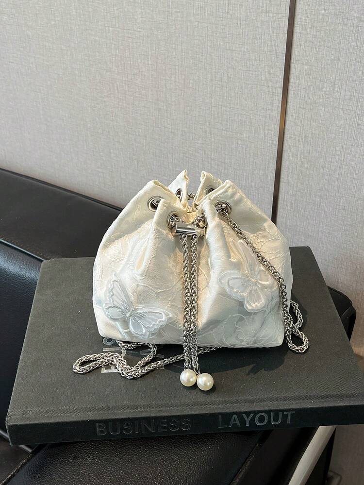 1pc White Butterfly Embroidered Crossbody Bag, Featuring Metal Chain Strap For Elegant & Versatile Look - White - View 1