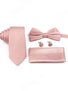 Bộ 5 món dành cho phù rể đám cưới, bao gồm cà vạt, nơ, khăn cài túi áo, ghim cài ve áo, khuy măng sét, phụ kiện vest màu hồng nhạt, trang phục. - Bụi hồng - Xem 2