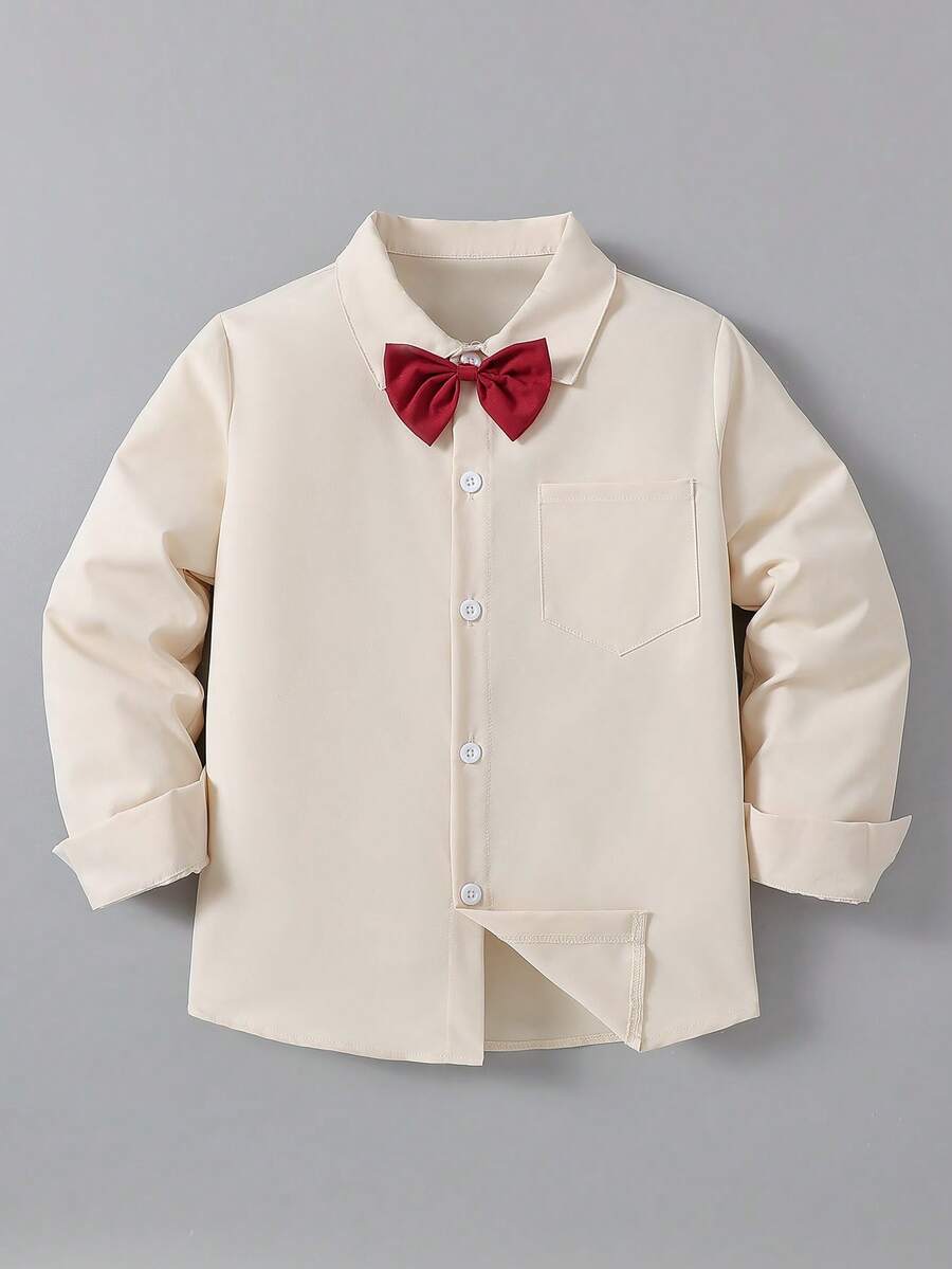 Boys' Formal Long Sleeve Collared Shirt With Bow Tie, Gentleman Style For Academy, Party, Wedding, Holiday Gift, Classic Top