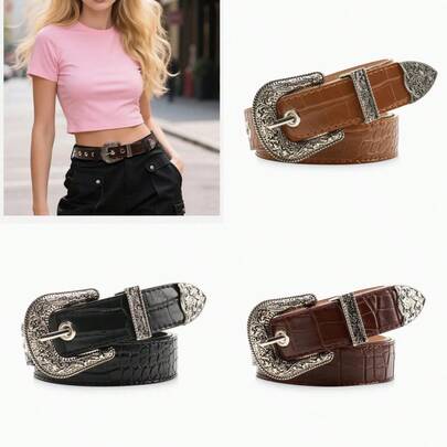 一件式时尚重工雕花合金三件套女士腰带，适合搭配各种牛仔裤，复古风格石纹图案，百搭实用设计，尽显优雅气质