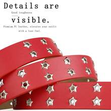 女士Y2K星形铆钉红色皮革腰带 - 朋克铆钉可调节腰带，适合搭配牛仔裤 - 紅色 - 查看 4