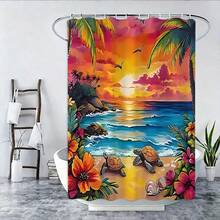 1/4 浴室帘套装,包含芙蓉花、贝壳、海龟、热带植物图案,海洋海岸蓝绿黄粉配色,可机洗夏季浴帘,配有 12 个挂钩、防滑浴室垫和 U 型马桶座套 - A - 查看 16