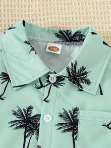 Boys' Casual Plant Print Polo Shirt + Solid Color Pants, Summer - Olive Green - View 4