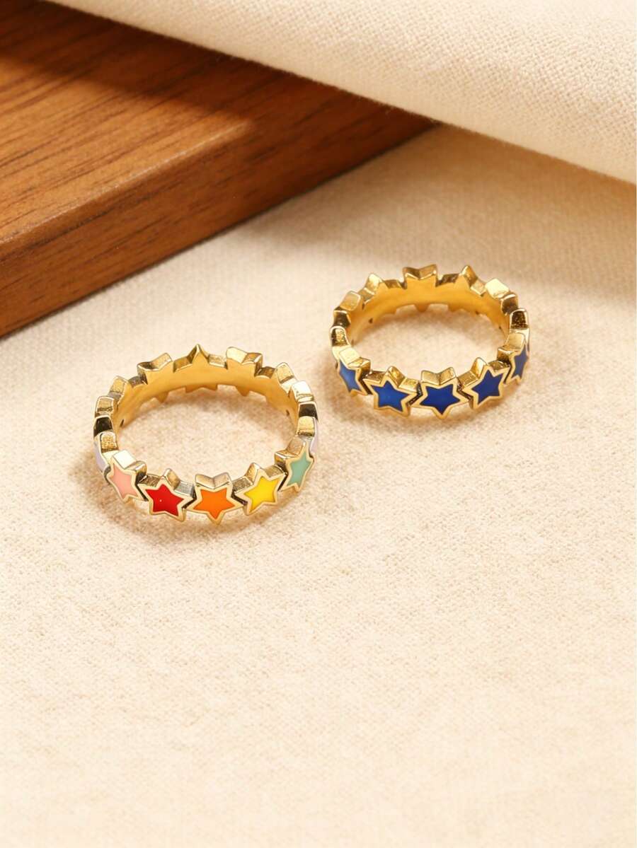 1枚简约独特925纯银热销珐琅星形戒指，粉色，搭配轻盈链条，波西米亚风高端奢华DIY吊坠，精致珠宝礼品，女士之选 - 藍色 - 查看 1