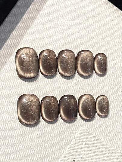 10pcs Pure Handmade Press On Nails Short Oval Nails Brown Nails Y2k Simple Gentle Style Cat Eye Solid Color Fine Shimmer For Women And Grils Fall Winter Festivals Christmas Party Dailys Life Use