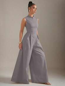 Extreme Wide Leg Zip Front Sleeveless Jumpsuit - Grey - View 3